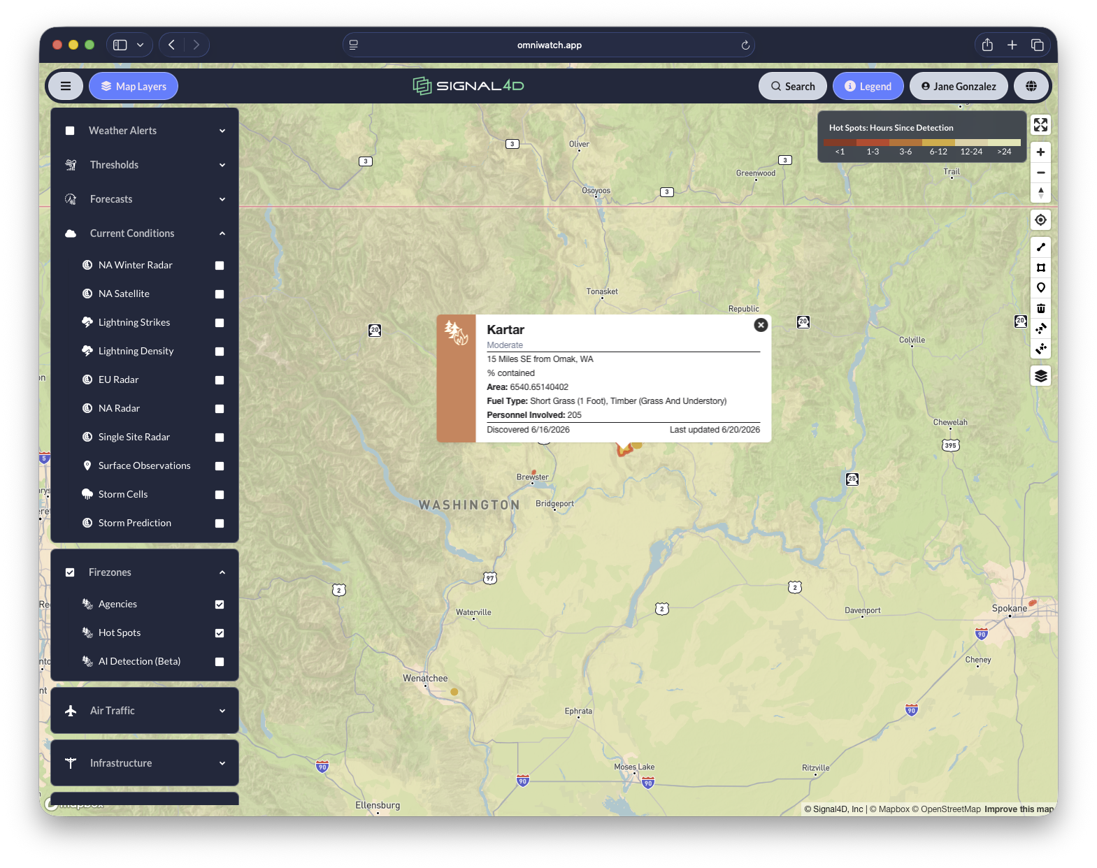 Active wildfire incident detail with fuel type and containment on the map
